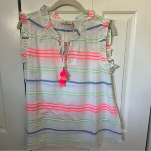 NWT Vineyard Vines Women’s Guava Multi-Stripe Ruffle Popover, Size Small